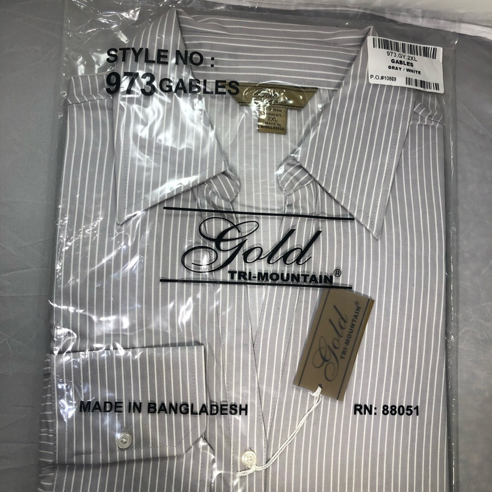 Gold Tri Mountain Grey pinstripe button down VNeck Oxford. NEW, w/tags. 2XL